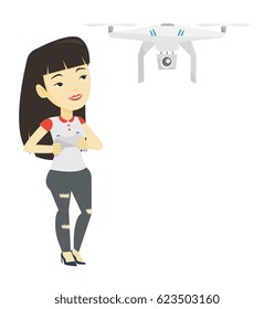 Young asian woman flying drone with remote control. Woman operating a drone with remote control. Woman controling a drone. Vector flat design illustration isolated on white background.