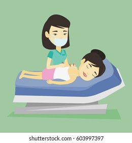 Young asian woman getting acupuncture treatment in a spa center. Acupuncturist doctor performing acupuncture therapy on back of a customer in salon. Vector flat design illustration. Square layout.