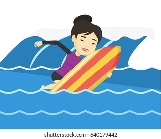 Young asian woman having fun during execution of a move on ocean wave. Surfer in action on surf board. Lifestyle and water sport concept. Vector flat design illustration isolated on white background.