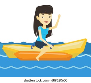 Young asian woman having fun on banana boat in the sea. Tourists riding a banana boat and waving hand. Woman enjoying her summer vacation. Vector flat design illustration isolated on white background.