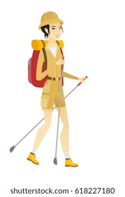 Young asian woman hiker walking with trekking sticks. Woman hiker holding trekking sticks. Woman backpacker hiking with trekking sticks. Vector flat design illustration isolated on white background.