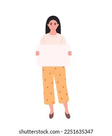 Young asian woman holding clean empty banner or placard. Activism, social movement. Democracy, rally and protest. Vector illustration in flat style