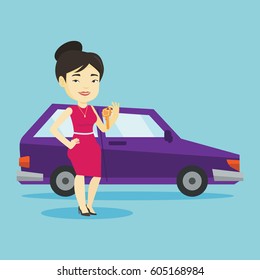 Young asian woman holding keys to her new car. Happy woman showing key to her new car. Smiling woman standing on the backgrond of her new car. Vector flat design illustration. Square layout.