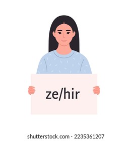 Young asian woman holding sign with gender pronoun. She, he, they, non-binary. Gender-neutral movement. LGBTQ community. Hand drawn vector illustration