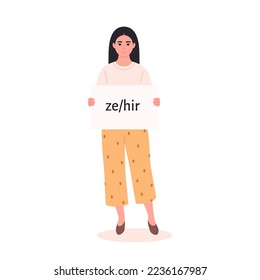 Young asian woman holding sign with gender pronoun. She, he, they, non-binary. Gender-neutral movement. LGBTQ community. Hand drawn vector illustration