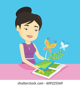 Jovem mulher asiática segurando tablet computador acima do livro. Mulher olhando borboletas voando de tablet digital. Conceito de realidade agmentada. Ilustração de design plano vetorial. Layout quadrado.