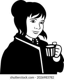 Young asian woman holds a mug and drinks from it