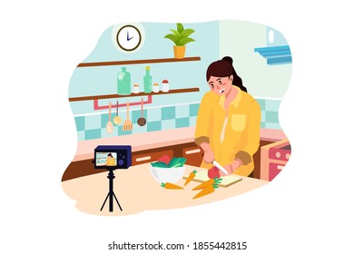 Young asian woman in kitchen recording video on camera. Vlog video live streaming at home.