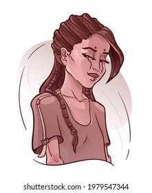 Young asian woman with long fringe and hair with dreadlocks, modern makeup. Quarter view girl portrait. Vector illustration, sketch outline