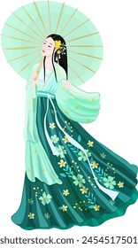 young asian woman with long hair holding an umbrella. fashion girl with closed eyes. traditional female ancient chinese costume. 