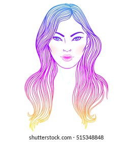Young Asian woman with long hair Fashion vector illustration isolated on white. Face chart. Skincare, professional hairdressing, beauty salon concept. Coloring book for kids and adults.