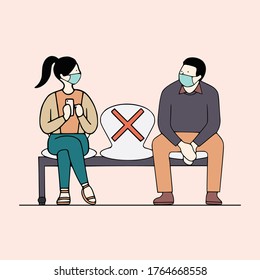 Young Asian woman and man with face masks sitting on bench and maintaining social distancing to prevent and protect covid-19 coronavirus. Vector illustration