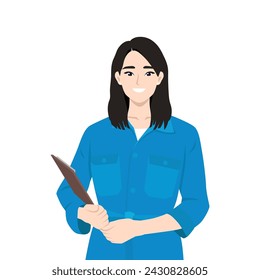 Young asian woman mechanic in blue workwear holding clipboard with document. Flat Vector Character Illustration Isolated on White Background