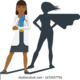 A young Asian woman medical doctor revealed as super hero by his superhero silhouette shadow 