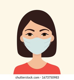 Young Asian woman in medical mask. Concept of protection against viruses, flu, coronavirus. Prevention of an epidemic. Flat vector illustration.
