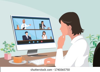 young asian woman meeting with other business people via video call using laptop computer