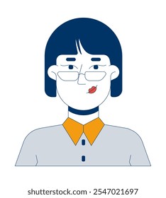 Joven mujer asiática empleada de oficina con gafas 2D personaje de dibujos animados. Vector plano de la persona aislada del retrato profesional femenino coreano del gerente en el fondo blanco. Ilustración de punto colorido