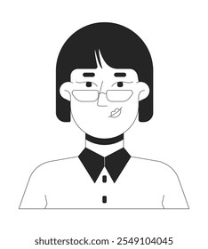 Jovem funcionária do escritório da mulher asiática com óculos preto e branco personagem da linha 2D. Coreano feminino gerente profissional retrato isolado vetor pessoa contorno. Ilustração de ponto monocromático