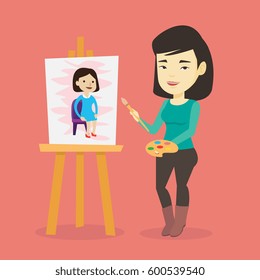 Young asian woman painting a female model on canvas. Creative smiling female artist drawing on an easel. Cheerful artist working on a painting. Vector flat design illustration. Square layout.