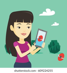 Young asian woman playing action game on smartphone. Young woman playing with her mobile phone outdoor. Woman using smartphone for playing action game. Vector flat design illustration. Square layout.