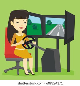 Young asian woman playing video game with gaming wheel. Happy smiling gamer driving autosimulator in game room. Woman playing car racing video game. Vector flat design illustration. Square layout.