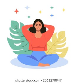 A young Asian woman plays sports against a background of plants.  Self-care, yoga and relaxation, healthy lifestyle.  Vector illustration