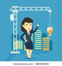 Young asian woman pointing at idea light bulb hanging on crane. Architect having excellent idea in town planning. Concept of new ideas in architecture. Vector flat design illustration. Square layout.