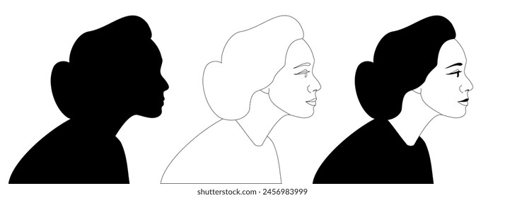 A young Asian Woman in profile. Vector black and white illustration. Japanese woman. Head and shoulders side view. Three variants of a female portrait, silhouette, line graphics, stylization.