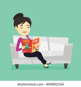 Young asian woman reading a magazine. Relaxed woman sitting on sofa and reading magazine. Smiling woman sitting on the couch with magazine in hands. Vector flat design illustration. Square layout.