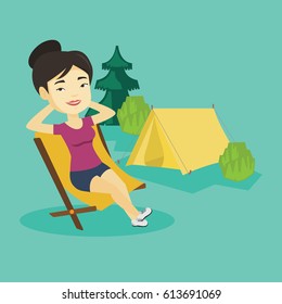 Young asian woman relaxing in camping. Smiling woman sitting in chair on the background of camping site. Relaxed woman enjoying vacation in camping. Vector flat design illustration. Square layout.