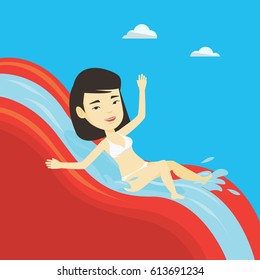 Young asian woman riding down a waterslide at the aquapark. Happy woman having fun on a water slide in waterpark. Woman going down a water slide. Vector flat design illustration. Square layout.