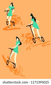 Young Asian woman rushes on a scooter in the autumn park.