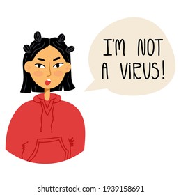 Young asian woman say I'm not a virus. Stop asian hate movement, human rights, equal concept. Vector isolated hand-drawn illustration.