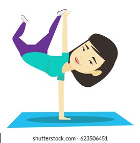 Young asian woman showing her skills in break dance. Breakdance dancer doing handstand. Young woman dancing. Strong woman breakdancing. Vector flat design illustration isolated on white background.