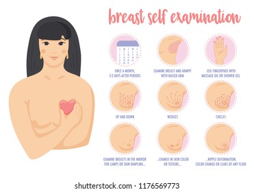 Young asian woman shows how to do breast cancer self exam. Monthly breast check instruction. Vector illustration.