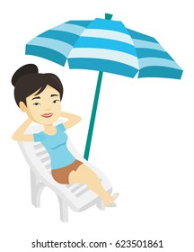 Young asian woman sitting in a beach chair. Woman resting on holiday while sitting under umbrella on beach chair. Woman relaxing on beach. Vector flat design illustration isolated on white background.