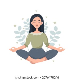 A young Asian woman is sitting in the lotus position. Yoga classes, meditation, breath control, relaxation. Vector illustration