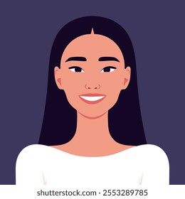 Young Asian woman is smiling. Happy Asian female portrait avatar. Facial expression. Vector illustration