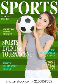 Young Asian Woman In Sport Wear Holding Football On Green Background Sports Magazine Cover