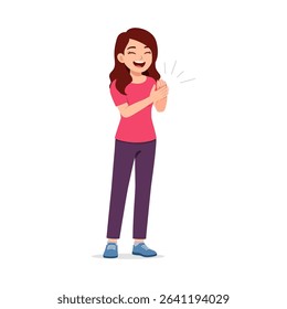 Young Asian Woman Standing Clapping Hands with Cheerful Expression and Celebration Mood in Casual Clothes