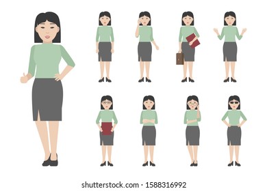 Young Asian woman standing in different poses. Vector illustration.