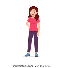 Young Asian Woman Standing with Hand on Hip Smiling and Looking Forward in Casual Clothes
