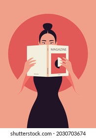 A young Asian woman is standing and holding an art magazine in her hands. Libraries and bookstores. Vector flat illustration