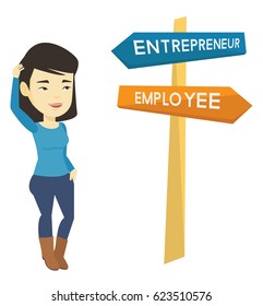 Young asian woman standing at road sign with two career pathways - entrepreneur and employee. Thoughtful woman choosing her career way. Vector flat design illustration isolated on white background.