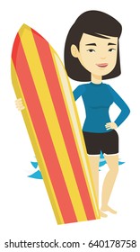 Young asian woman standing with a surfboard on the beach. Surfer with a surf board on the beach. Surfer standing on the background of sea. Vector flat design illustration isolated on white background.