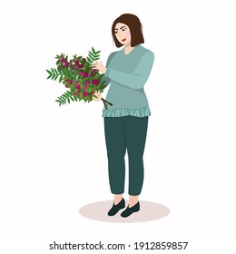 a young Asian woman stands and holds a bouquet of flowers in her hands. Illustration on the theme of spring, International Women's Day and  mother's day