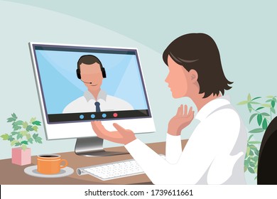 young asian woman talking to customer service representative through video conference call