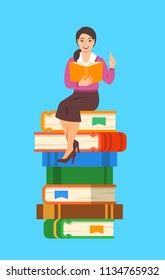Young asian woman teacher reads open book sitting on stack of giant books. School education concept. Vector cartoon illustration. Clever expert shares knowledge.