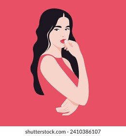 A young Asian woman is thinking and making a decision. Portrait of standing fashion model. Problems and solution. Vector flat Illustration