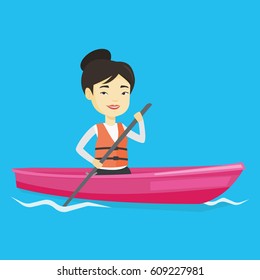 Young asian woman traveling by kayak. Female kayaker paddling. Sportswoman riding in a kayak in the river. Sportswoman paddling a canoe. Vector flat design illustration. Square layout.